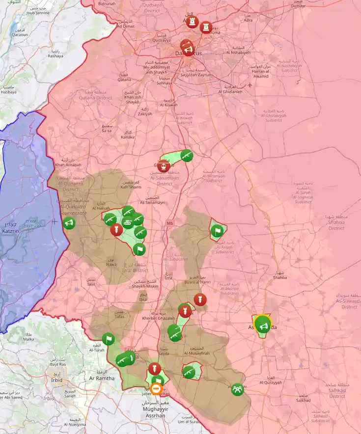 a map of the golan heights region with arabic place names, showing military positions marked with green icons for one side…