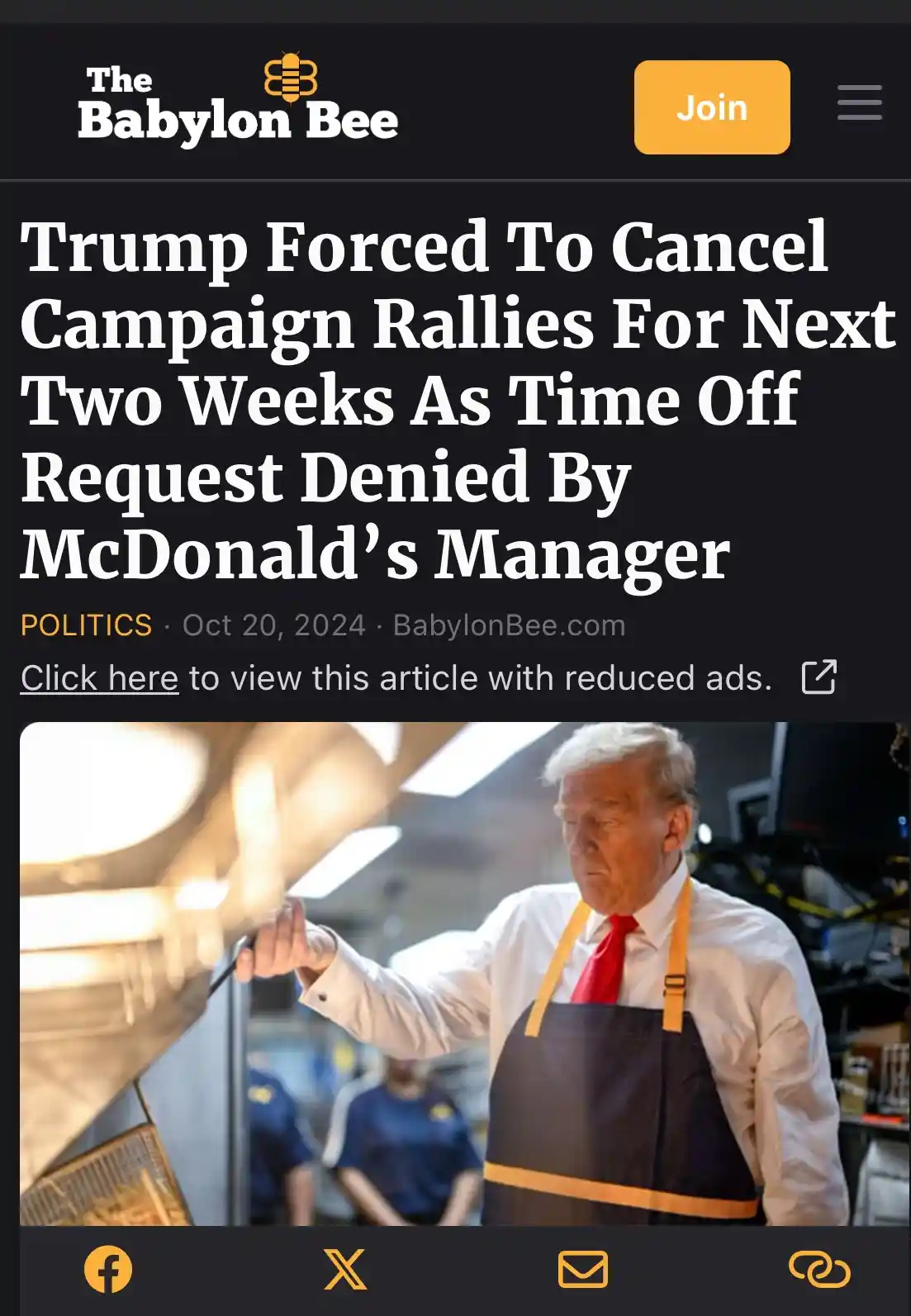 The image displays a satirical news article from The Babylon Bee with a headline about Donald Trump being forced to cancel…