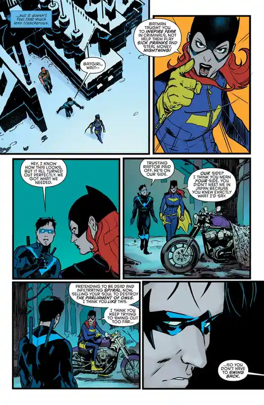 A comic book page featuring Batgirl confronting Nightwing, accusing him of betraying Batman's teachings by playing pranks…