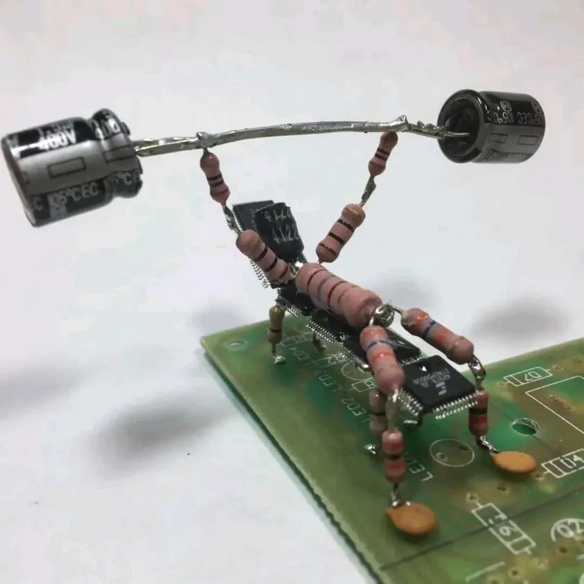 A tiny figurine made of electronic components like resistors, capacitors, and an integrated circuit chip is posed on a green…