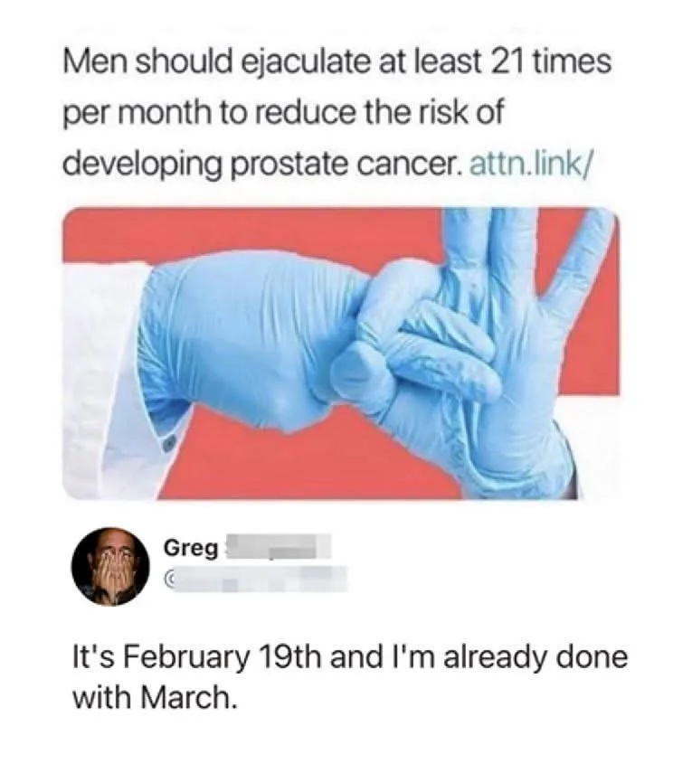 An image shows a gloved hand making a '21' gesture with fingers, overlaid with text claiming men should ejaculate 21 times…