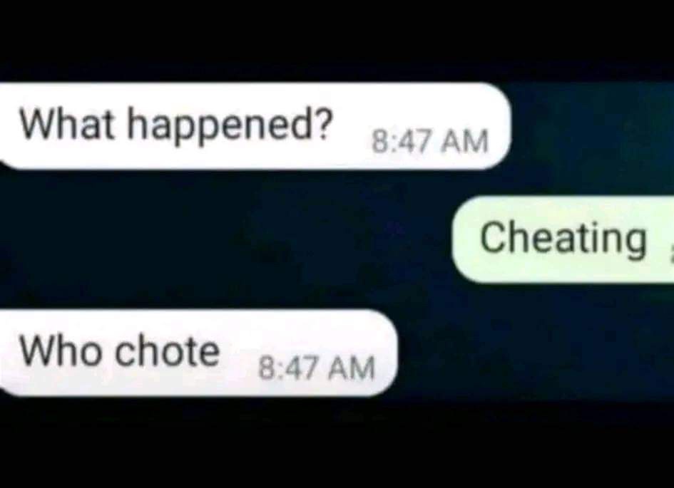 A screenshot of a text conversation shows one person asking 'What happened?' at 8:47 AM, and the other replying 'Cheating'…
