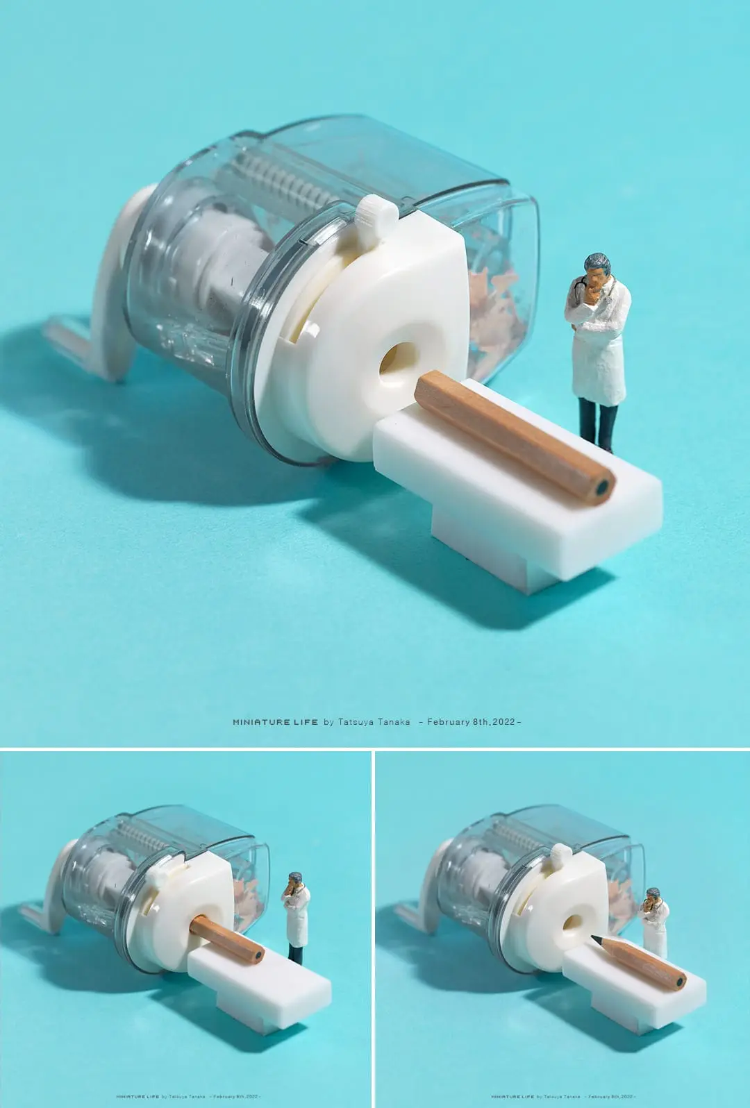 A miniature figurine of a person in a white lab coat stands beside a large, transparent pencil sharpener, holding a tiny…