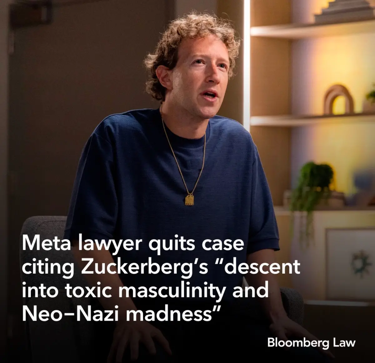 A man with curly hair wearing a blue t-shirt and a gold pendant necklace sits in a chair, looking slightly to his right with…