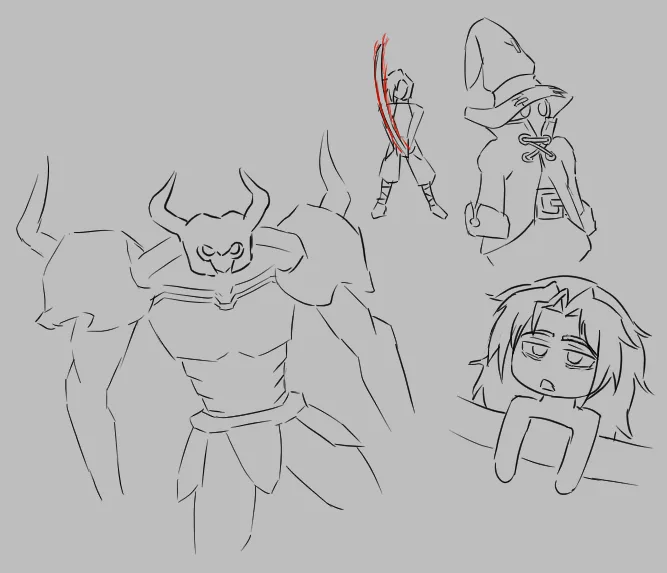 A rough sketch of four anime-style characters: a large horned demon, a small figure with a red sword, a wizard in a tall…