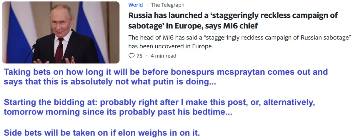 An image of Vladimir Putin speaking at a podium with Russian flags behind him, overlaid with text from a meme predicting…