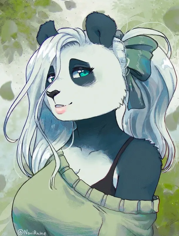 An anime-style illustration of a female panda character with long silver hair tied in a ponytail with a large green bow…