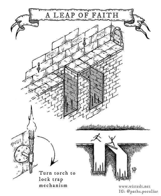A black-and-white illustrated diagram shows a stone wall with a gap, labeled 'A LEAP OF FAITH,' where two figures leap…