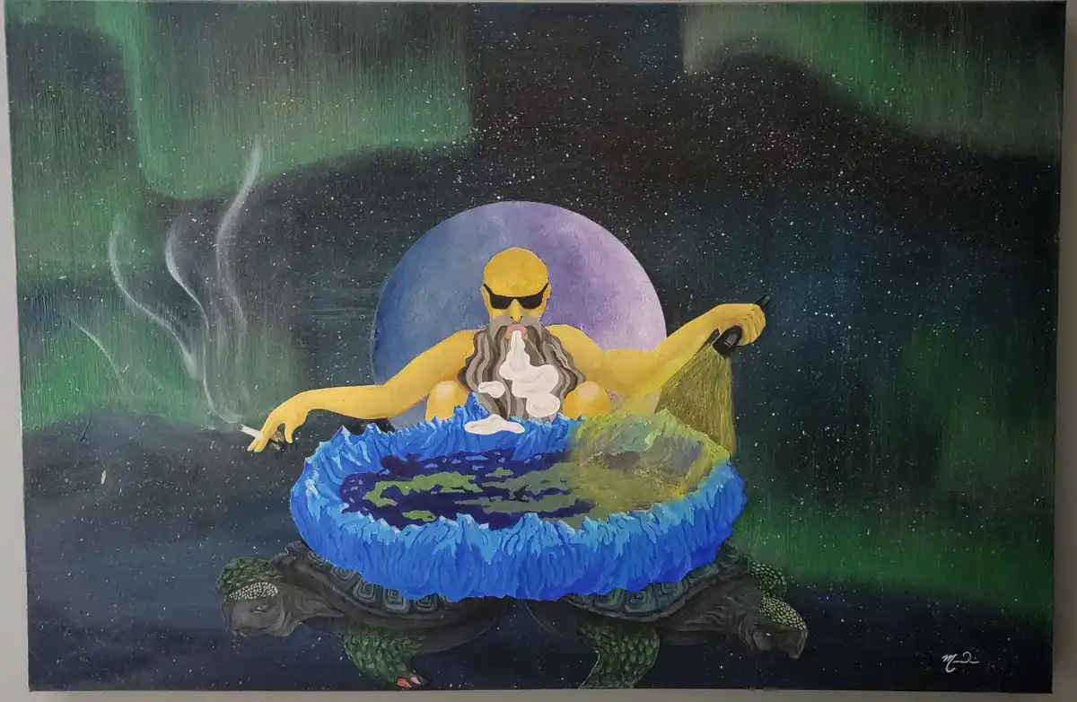 A painting depicts a yellow-skinned, bald man with a long beard and sunglasses, sitting cross-legged on a blue, lotus-like…