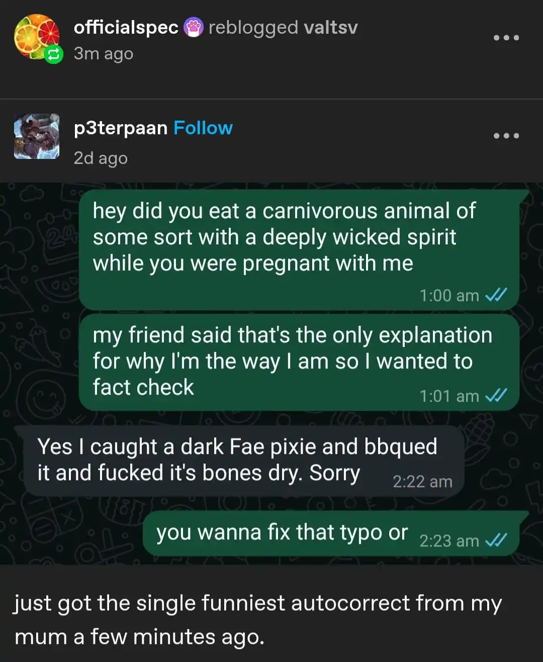 A screenshot of a text conversation where one person asks if the other ate a carnivorous animal with a wicked spirit while…