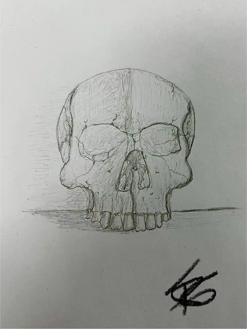 A pencil sketch of a human skull on plain paper, rendered with shading and contour lines, with a scribbled signature in the…