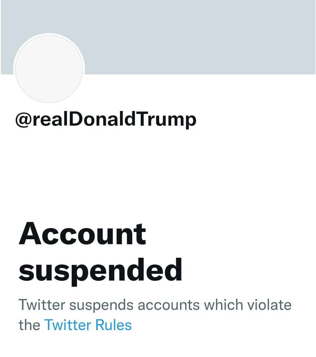 The image displays a Twitter account suspension screen with a blank profile picture placeholder, the username…