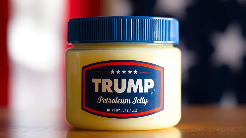 A jar of petroleum jelly with a custom label reading 'TRUMP Petroleum Jelly' in bold white text on a blue background with…