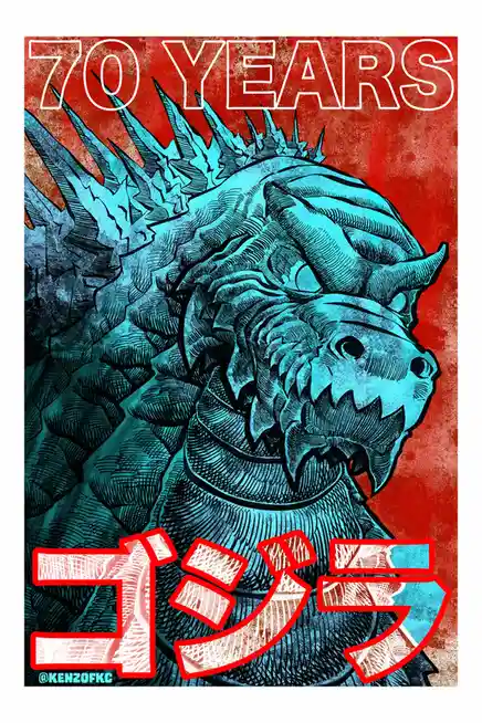 A stylized illustration of the kaiju Godzilla in cyan against a red background, with the text '70 YEARS' at the top and…