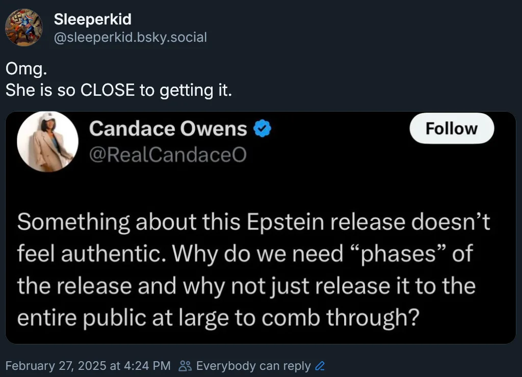 A screenshot of a post by 'Sleeperkid' on a social platform, reacting to a tweet from Candace Owens. The tweet, displayed in…
