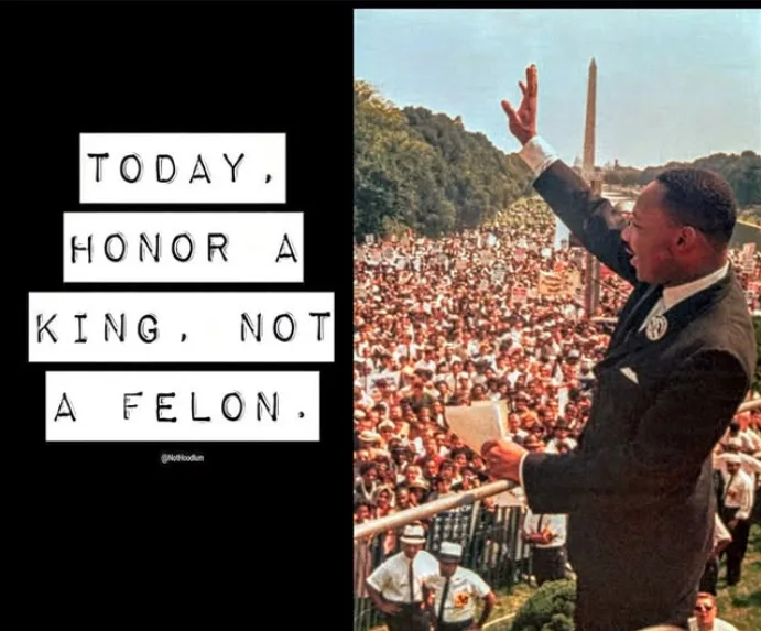 The image shows Dr. Martin Luther King Jr. speaking to a large crowd outdoors, with the Washington Monument visible in the…