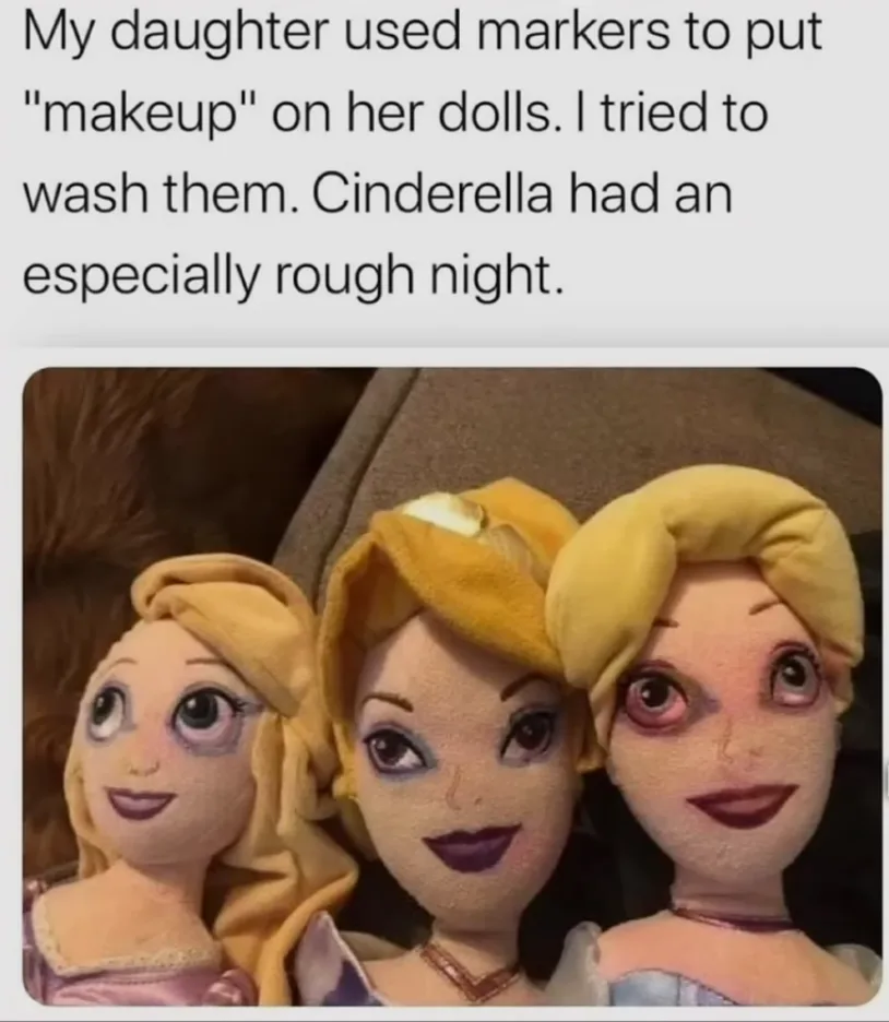 Three plush Disney princess dolls, likely Rapunzel, Tiana, and Cinderella, are shown with crudely drawn dark purple eye…