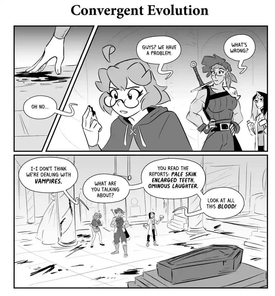 A black-and-white comic strip titled 'Convergent Evolution' shows characters reacting to blood on the floor. One character…