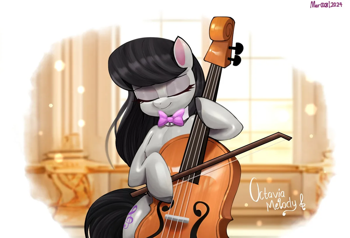 A gray pony with long black hair and a purple bowtie is playing a cello in a warmly lit, elegant room. The pony has a smug…