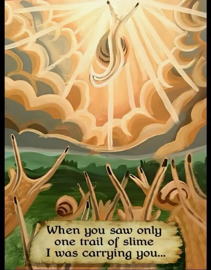 A painting depicts multiple snails with their trails visible, looking up at a divine, radiant snail in the sky. A wooden…