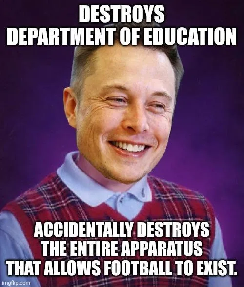 A close-up photo of Elon Musk smiling broadly against a purple background. White bold text at the top reads 'DESTROYS…