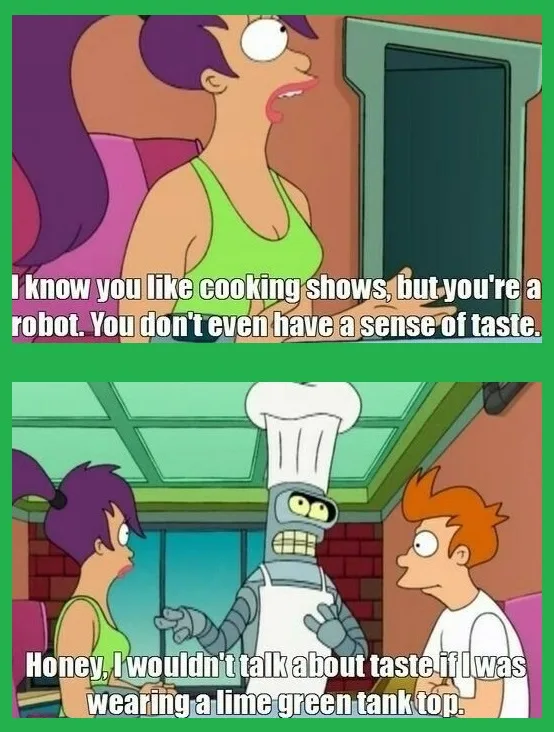 The image is a two-panel meme from the animated series Futurama. The top panel shows a woman with purple hair and a lime…