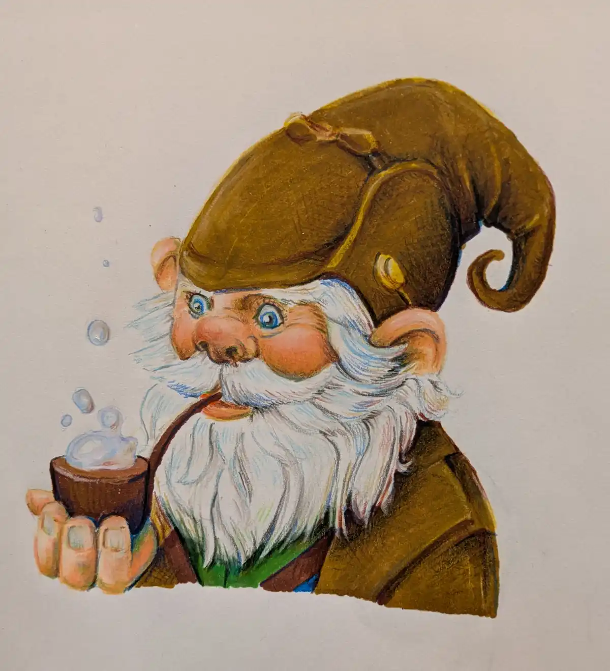 A hand-drawn illustration of a gnome with a long white beard, blue eyes, and a brown pointed hat, holding a small cup with…