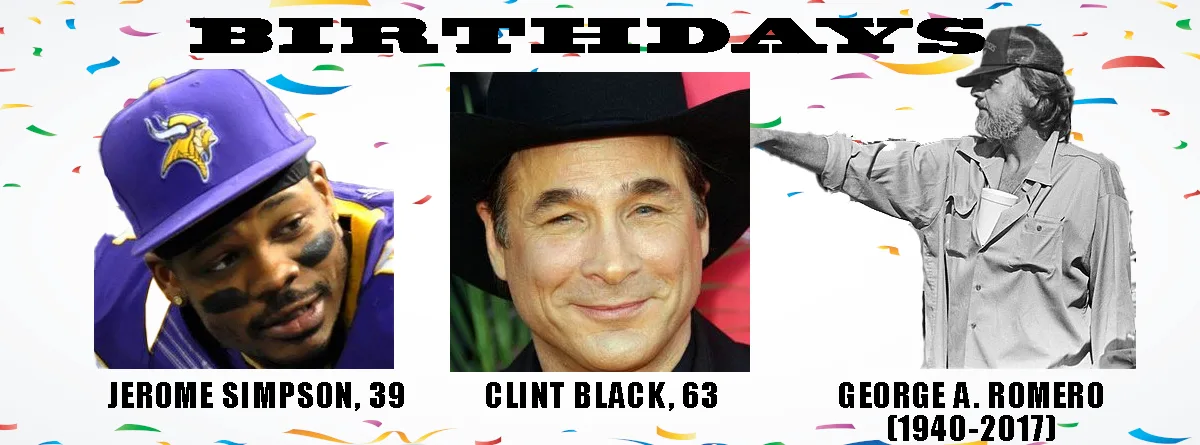 A birthday meme collage with confetti background, featuring three men: Jerome Simpson in a purple Minnesota Vikings cap and…