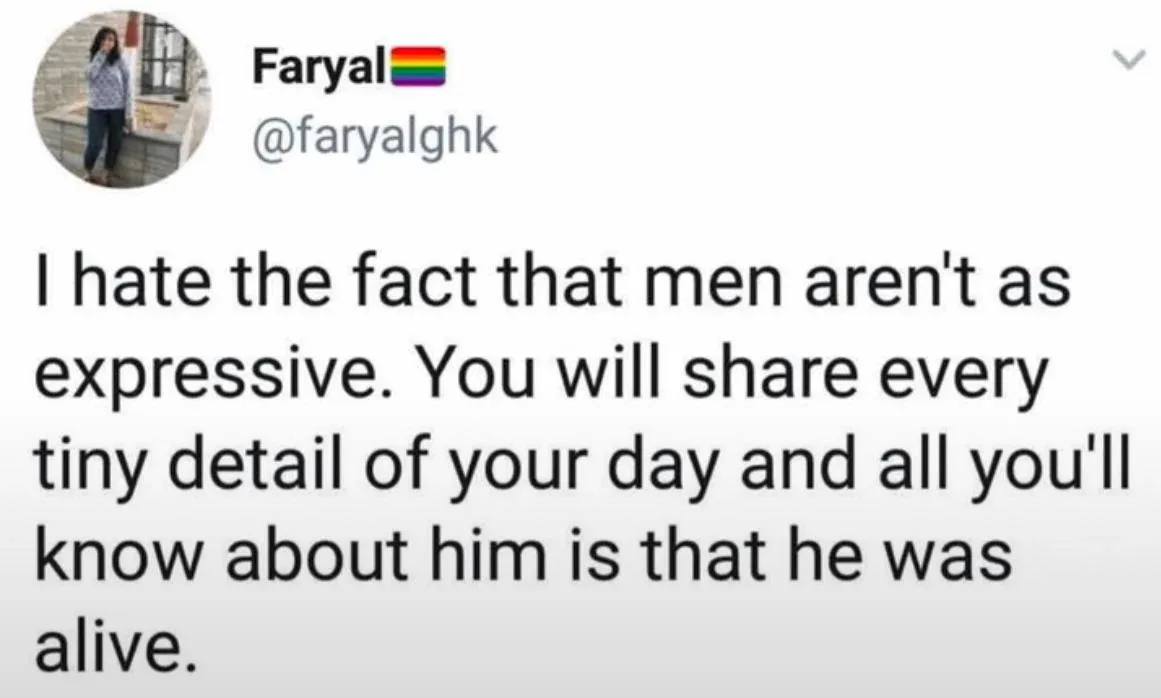 A screenshot of a tweet by user Faryal with a rainbow flag emoji, showing a profile picture of a woman standing outdoors…