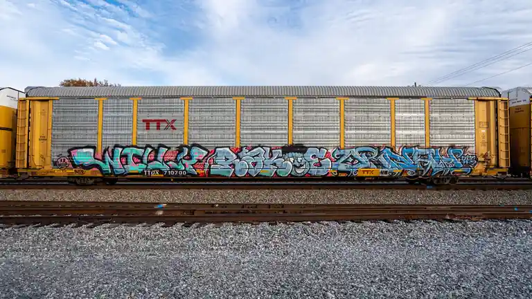 A silver and yellow freight train car with the logo 'TTX' is covered in colorful graffiti that spells out 'NEW YORK…