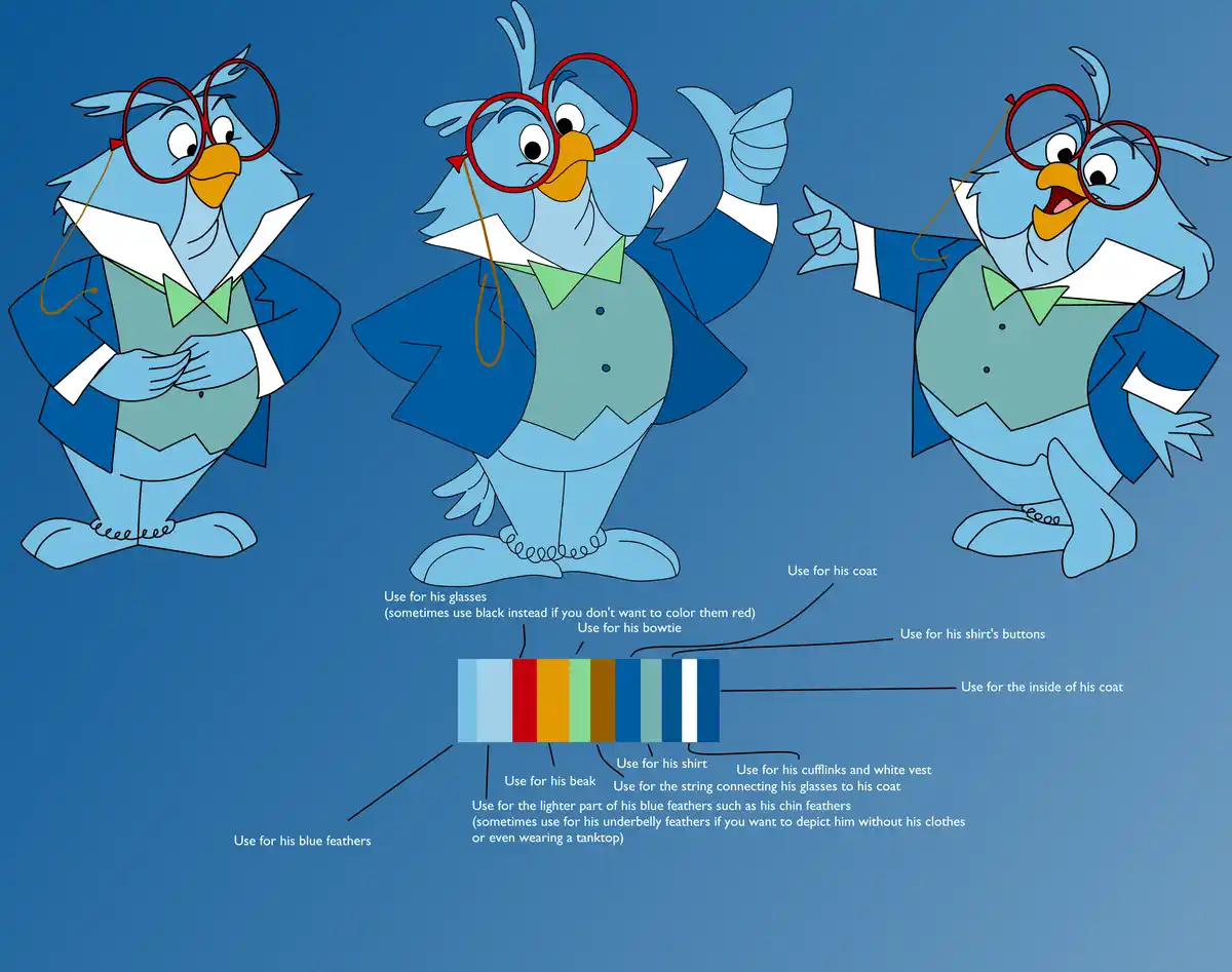 The image displays three cartoon depictions of a blue bird character in a suit, each with different poses and expressions…