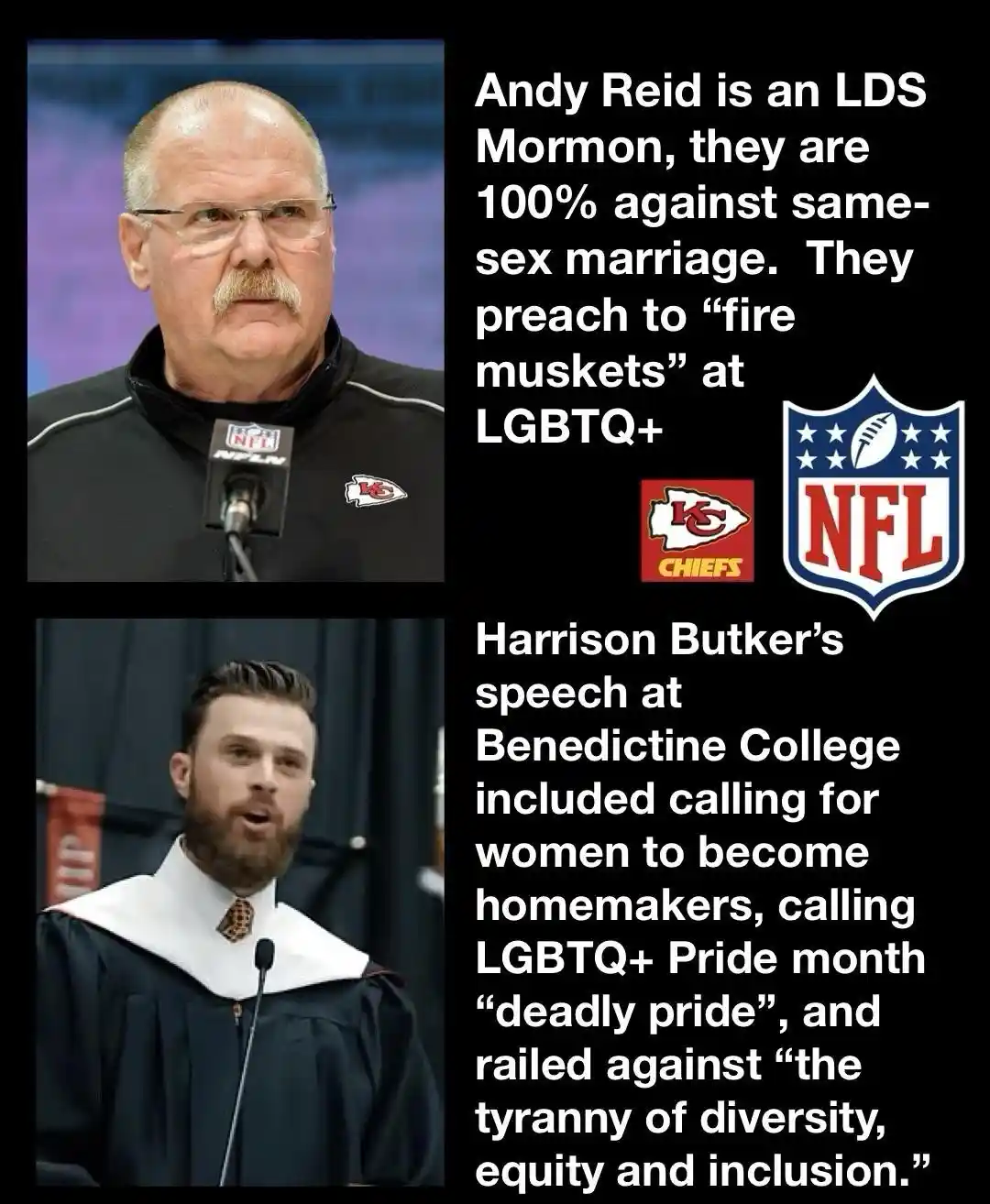 The image displays two separate photos side-by-side: the top shows Andy Reid, a balding man with glasses and a mustache…