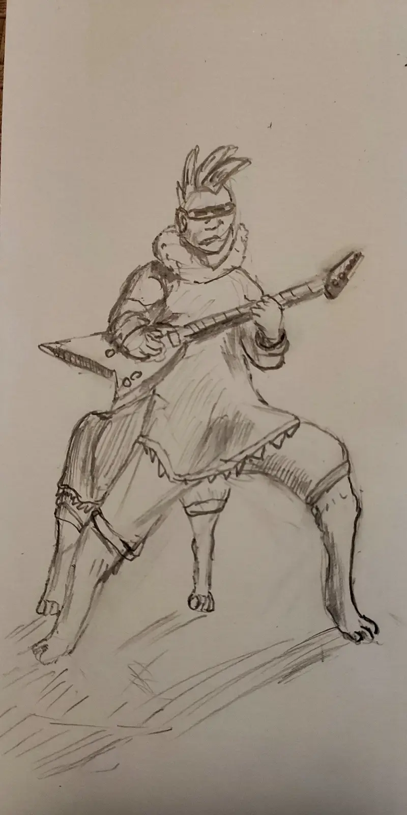 A pencil sketch depicts a stylized, punk-rock-inspired character with a mohawk, sunglasses, and a fur-lined coat, playing an…