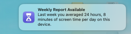 A notification-style pop-up with a purple hourglass icon, stating 'Weekly Report Available' and 'Last week you averaged 24…