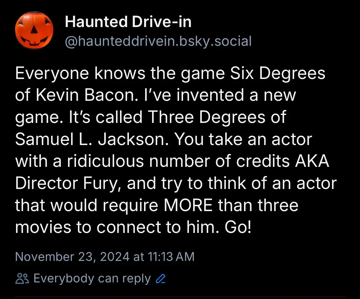 A screenshot of a social media post from 'Haunted Drive-in' with a black background and white text. The post humorously…