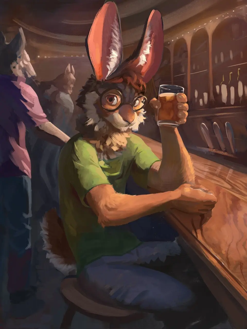A cartoon rabbit with large ears and glasses sits at a bar, holding up a beer glass with a slightly tipsy expression. The…