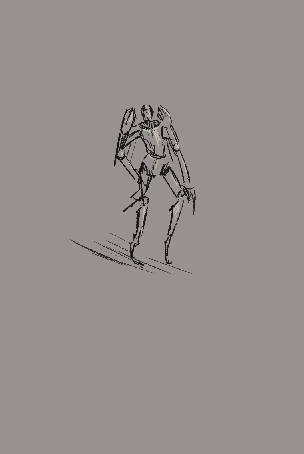 A sketch of a humanoid robot with arms raised in surrender or confusion, standing on a surface with motion lines beneath its…