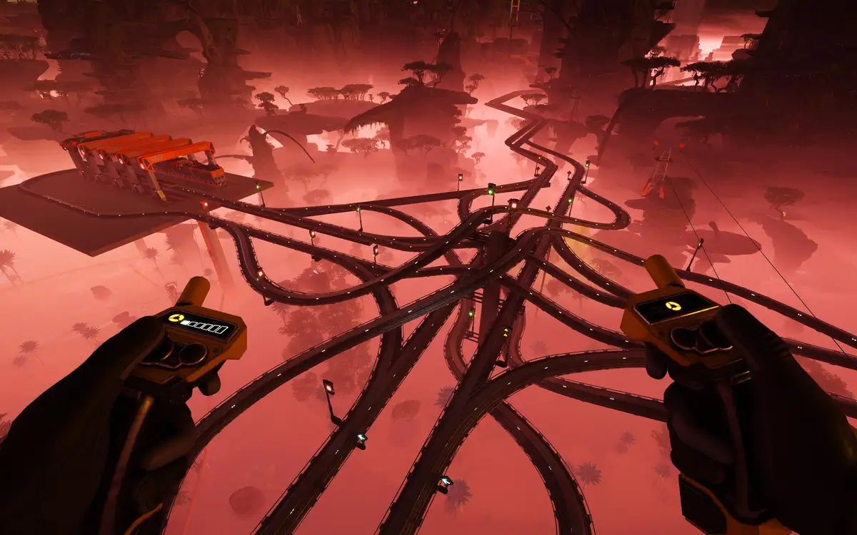 A first-person view from a video game shows gloved hands holding train controls, overlooking an incredibly complex…