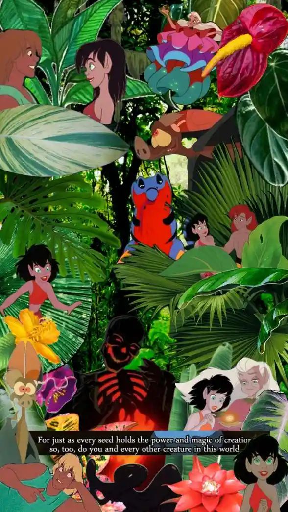 A collage of animated characters from Disney's 'The Emperor's New Groove' and 'Tarzan' are superimposed over a lush jungle…