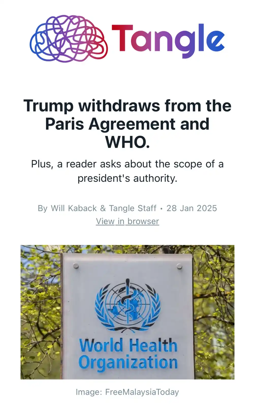 A screenshot of a Tangle news article dated January 28, 2025, with a headline about Trump withdrawing from the Paris…