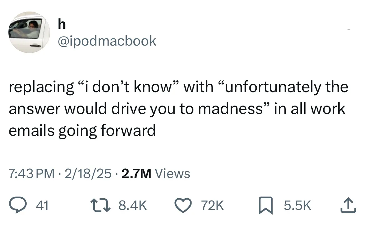 A screenshot of a tweet from user @ipodmacbook shows a humorous proposal to replace the phrase 'i don't know' with…