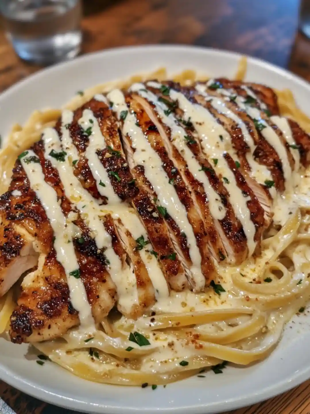 A close-up photo of a plate of pasta topped with sliced grilled chicken, drizzled with creamy sauce and garnished with…