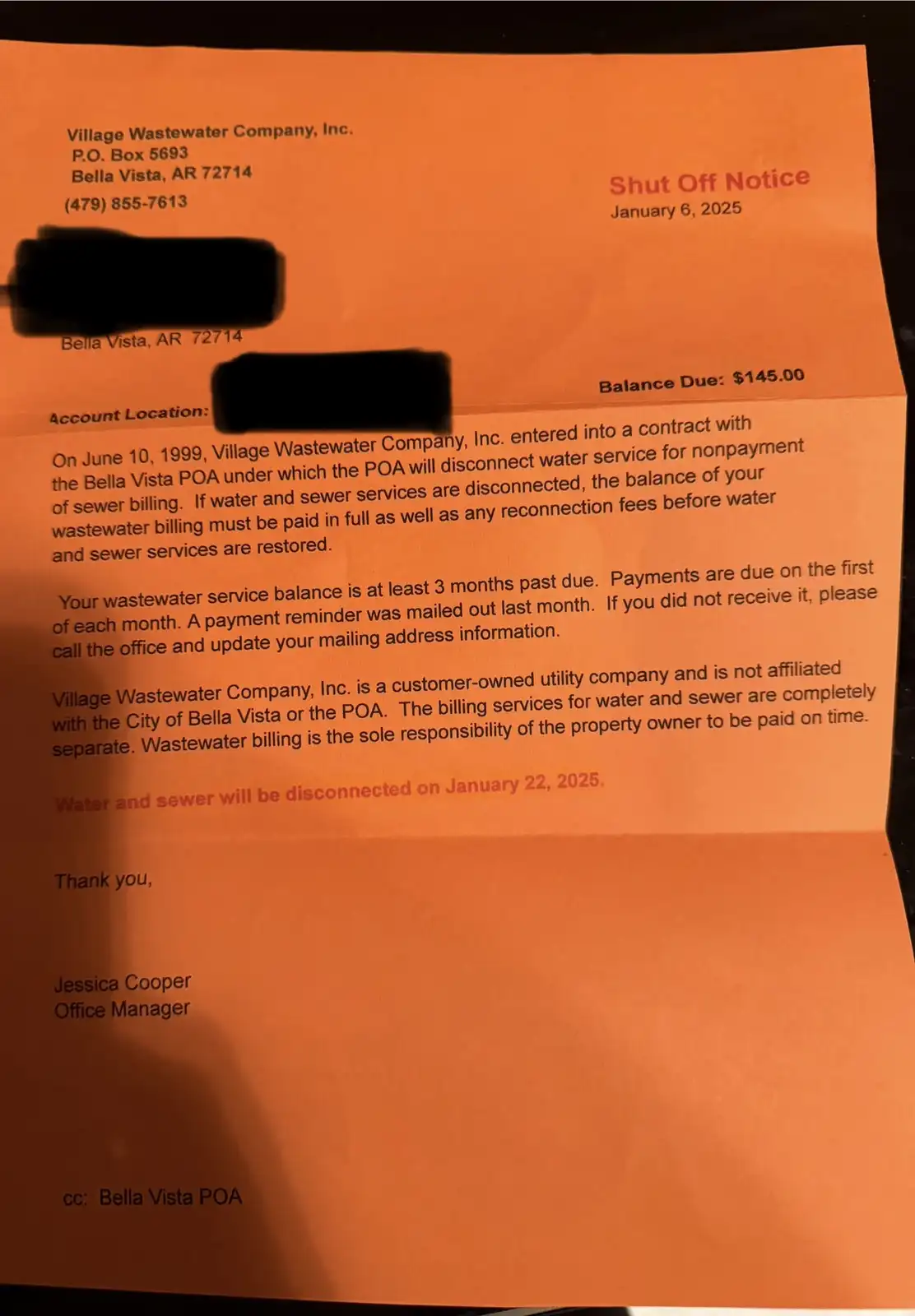 An orange utility shut-off notice from Village Wastewater Company, Inc. dated January 6, 2025, states a $145 balance is due…