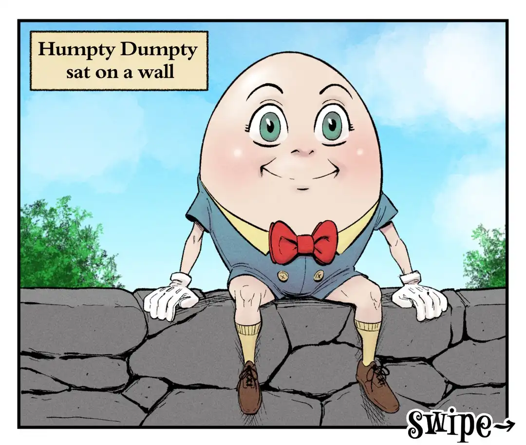 A cartoon egg character with green eyes, wearing a blue outfit, red bowtie, and brown shoes, sits atop a stone wall. The…