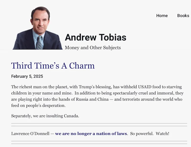 A screenshot of a webpage featuring author Andrew Tobias with the article title 'Third Time's A Charm' dated February 5…