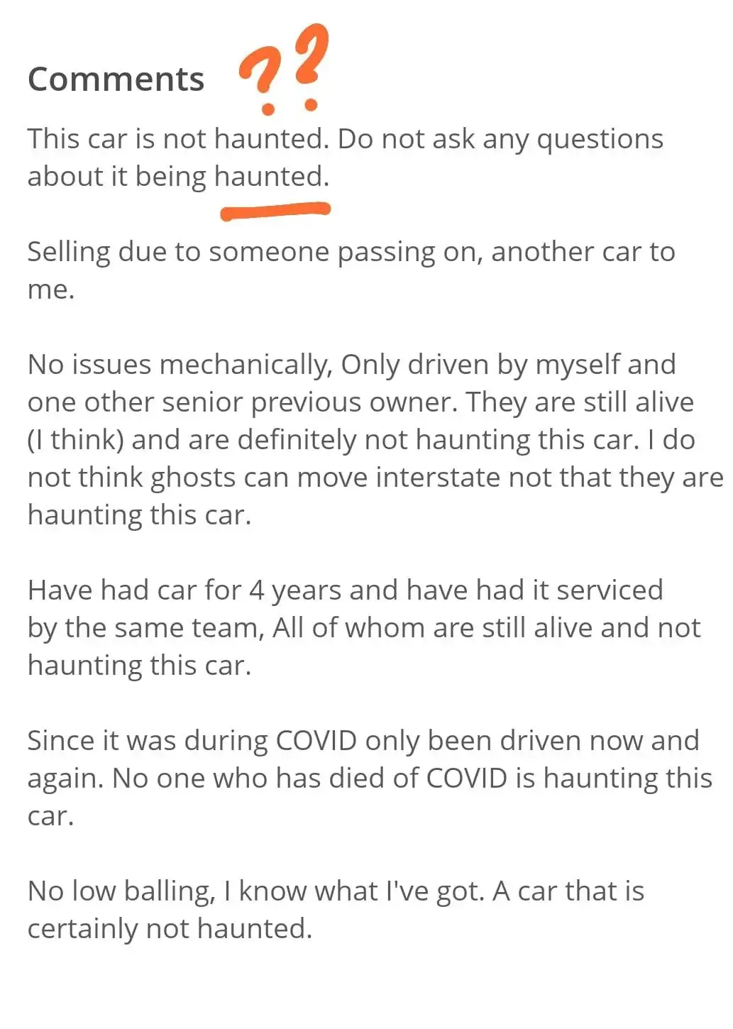 A screenshot of online comments under a 'Comments ??' heading, where the seller repeatedly insists the car is not haunted…