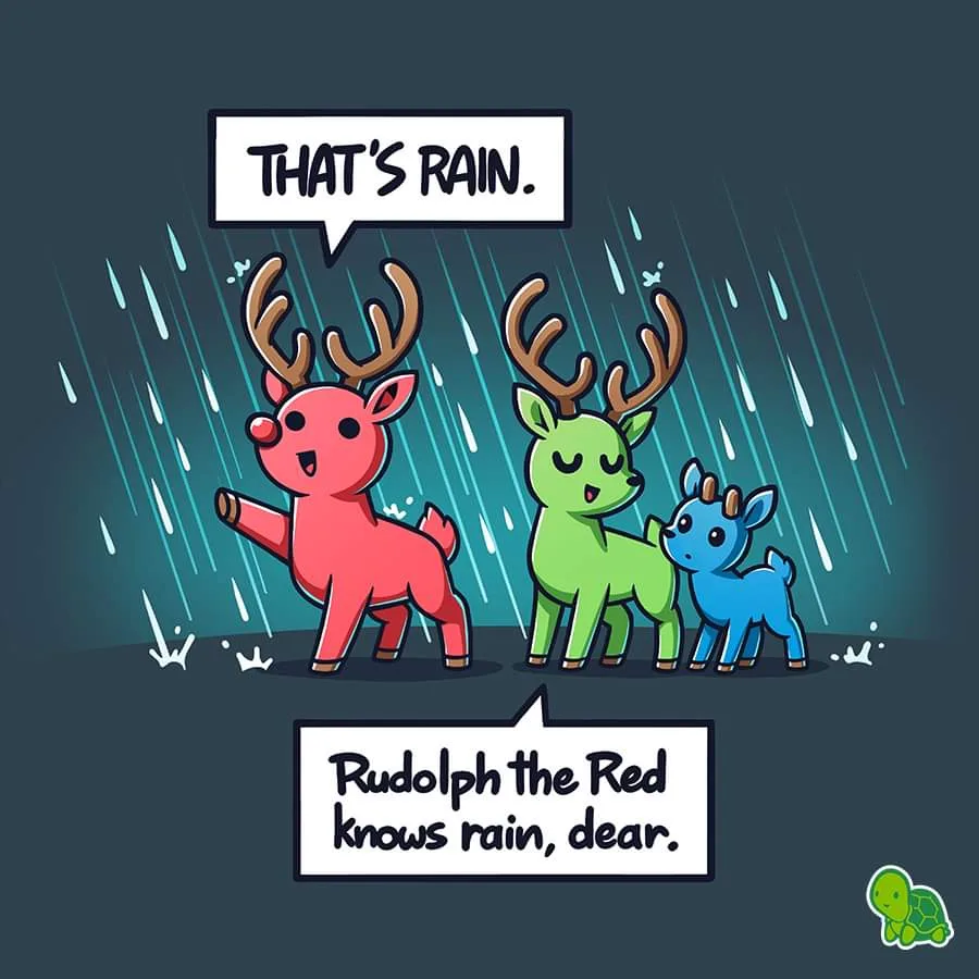 Three cartoon reindeer stand in the rain; a red one points excitedly while saying 'THAT'S RAIN.' A green reindeer and a…