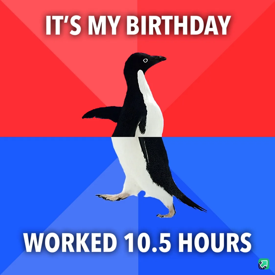 A penguin stands centered against a red and blue background split diagonally. The top half has white text reading 'IT'S MY…