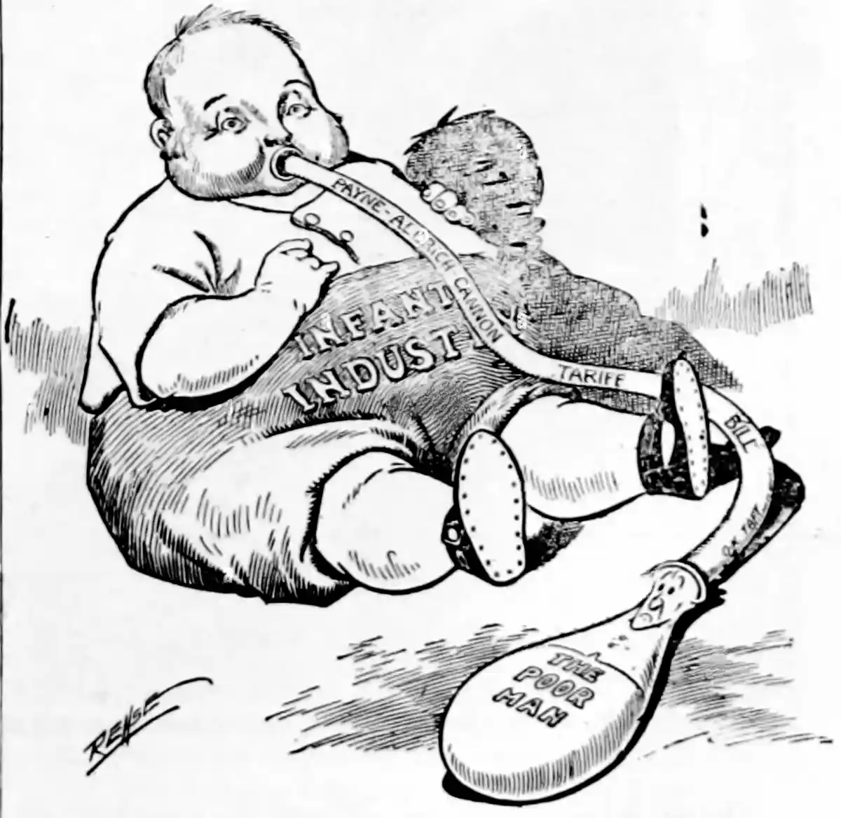 A vintage political cartoon shows a large, chubby baby labeled 'INFANT INDUSTRY' sucking on a pipe labeled 'PAYNE-ALDRICH…