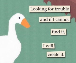 A white cartoon goose with an orange beak is shown against a teal background with a reddish-brown top edge. Text in white…